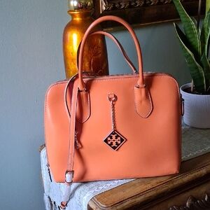 Tory Burch Orange Patent Leather Satchel with Logo Charm